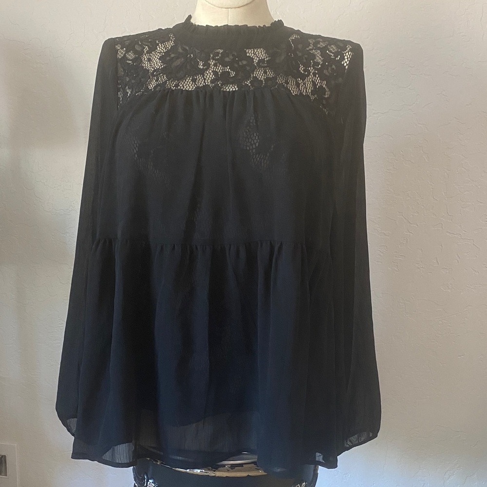 NWT Torrid Black Long Sleeve Lace Trim Tiered Blouse 1